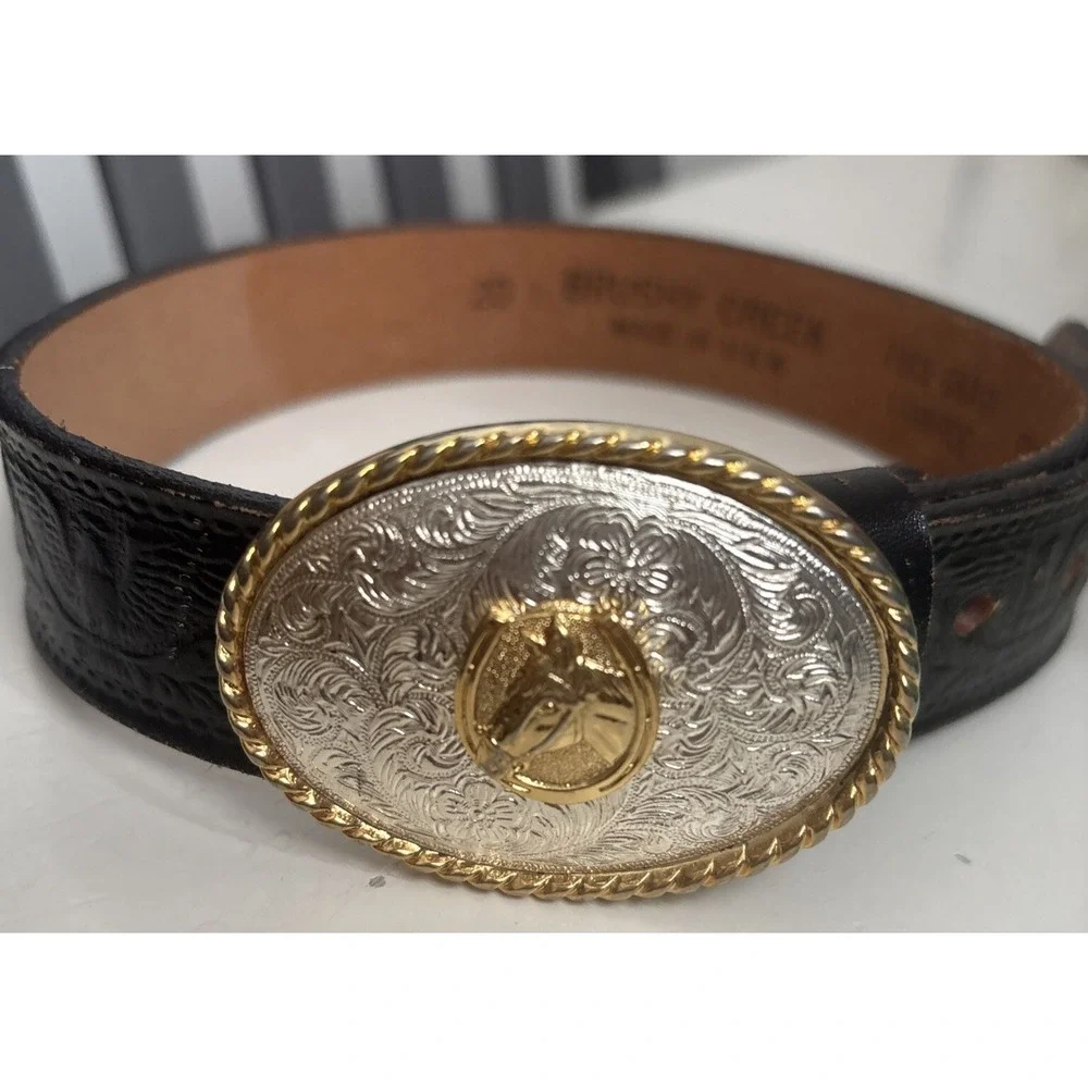 Child Brushy Creek Black Leather Belt & Buckle Brass Color Size 20